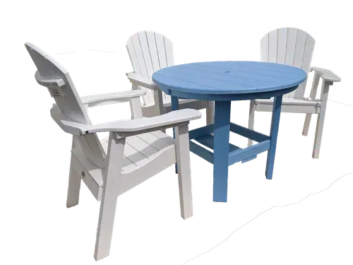 Two white chairs and a blue table on a white background