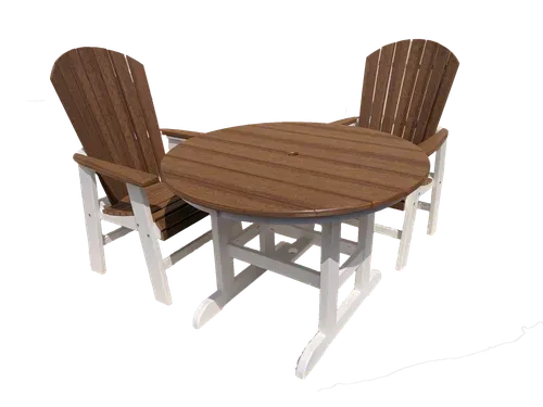 A table and two chairs on a white background.