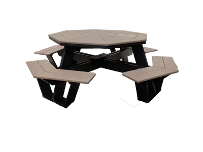 A picnic table with four benches on a white background.