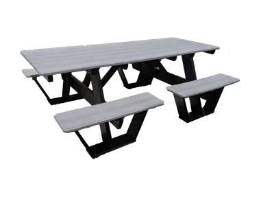 A picnic table with two benches on a white background
