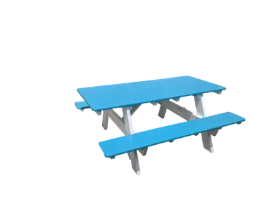 A blue picnic table with two benches on a white background.