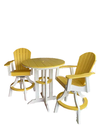 A yellow and white table and chairs set on a white background