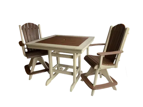 A table and two chairs on a white background.