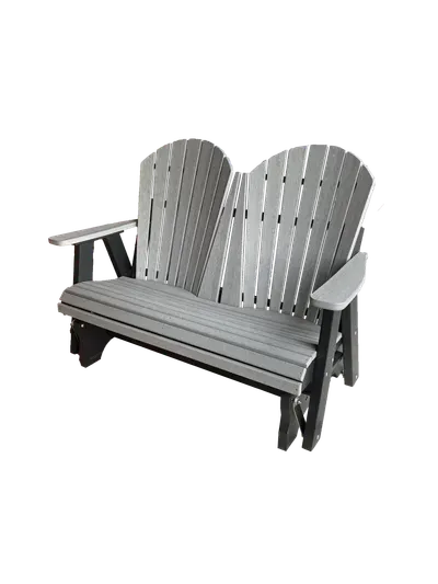 A gray wooden bench with two seats on a white background.