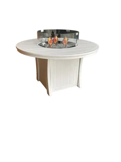 A round table with a fire pit in the middle on a white background.