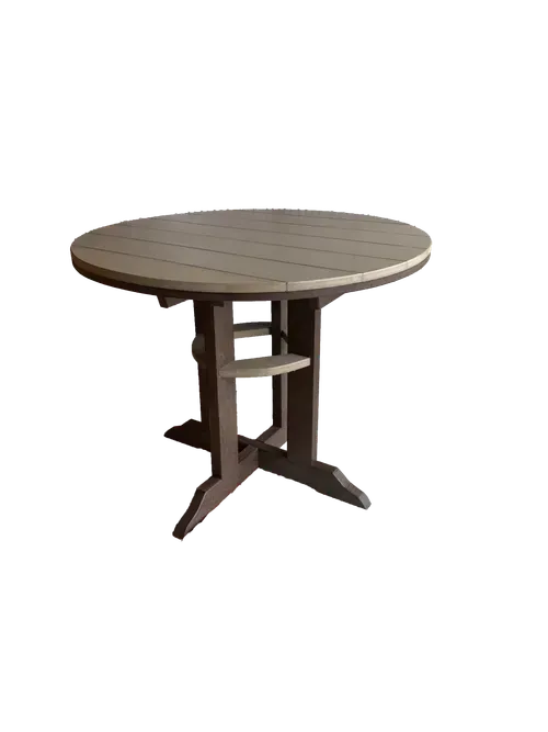 A round table with a shelf underneath it on a white background.