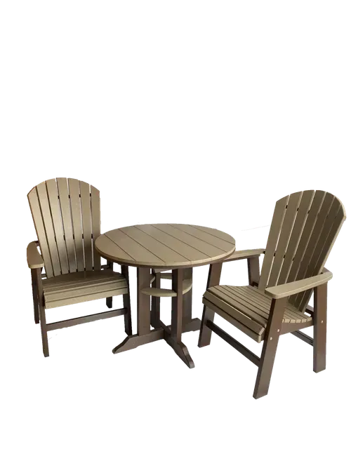 A table and two chairs on a white background.
