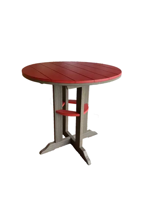 A round table with a red top and a grey base on a white background.