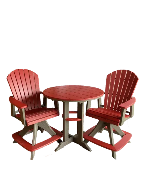 A red table and two red chairs on a white background