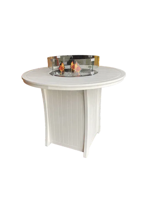 A round table with a fire pit in the middle on a white background.