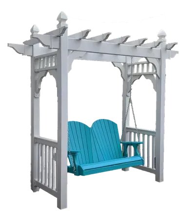 A blue swing under a white pergola on a white background.