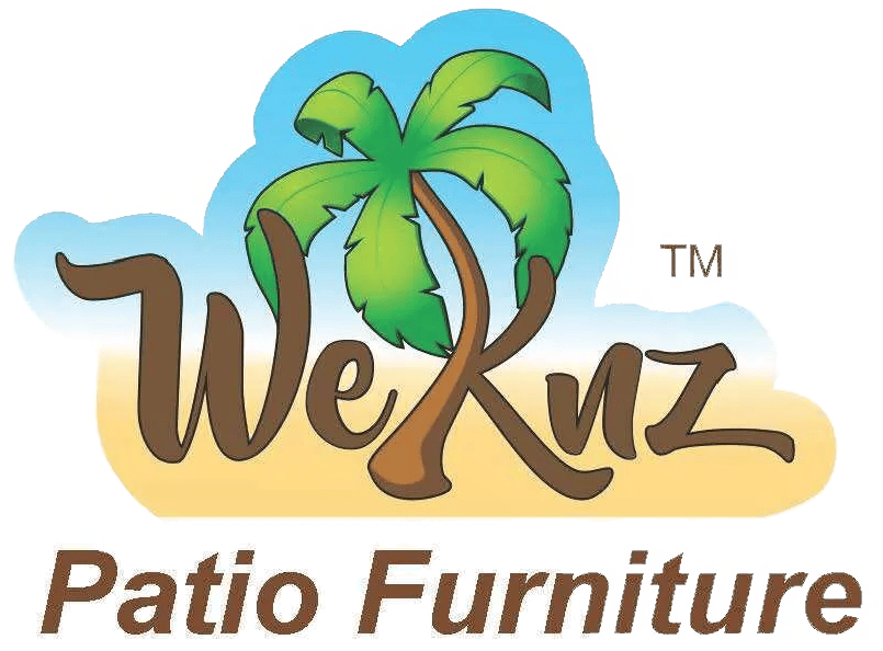 A logo for weknz patio furniture with a palm tree