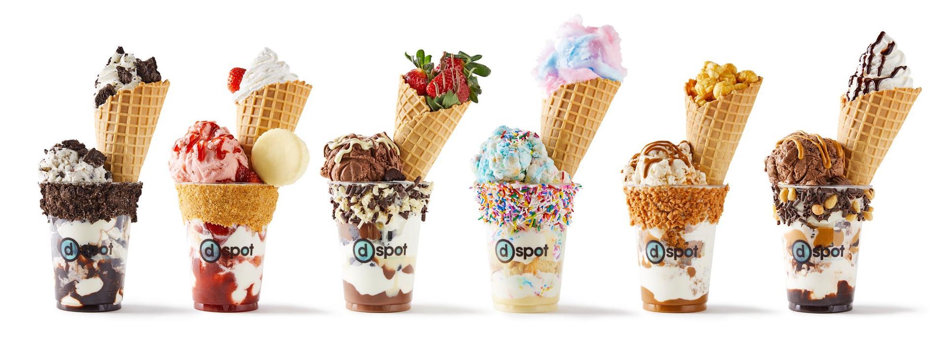 A row of cups filled with different flavors of ice cream.