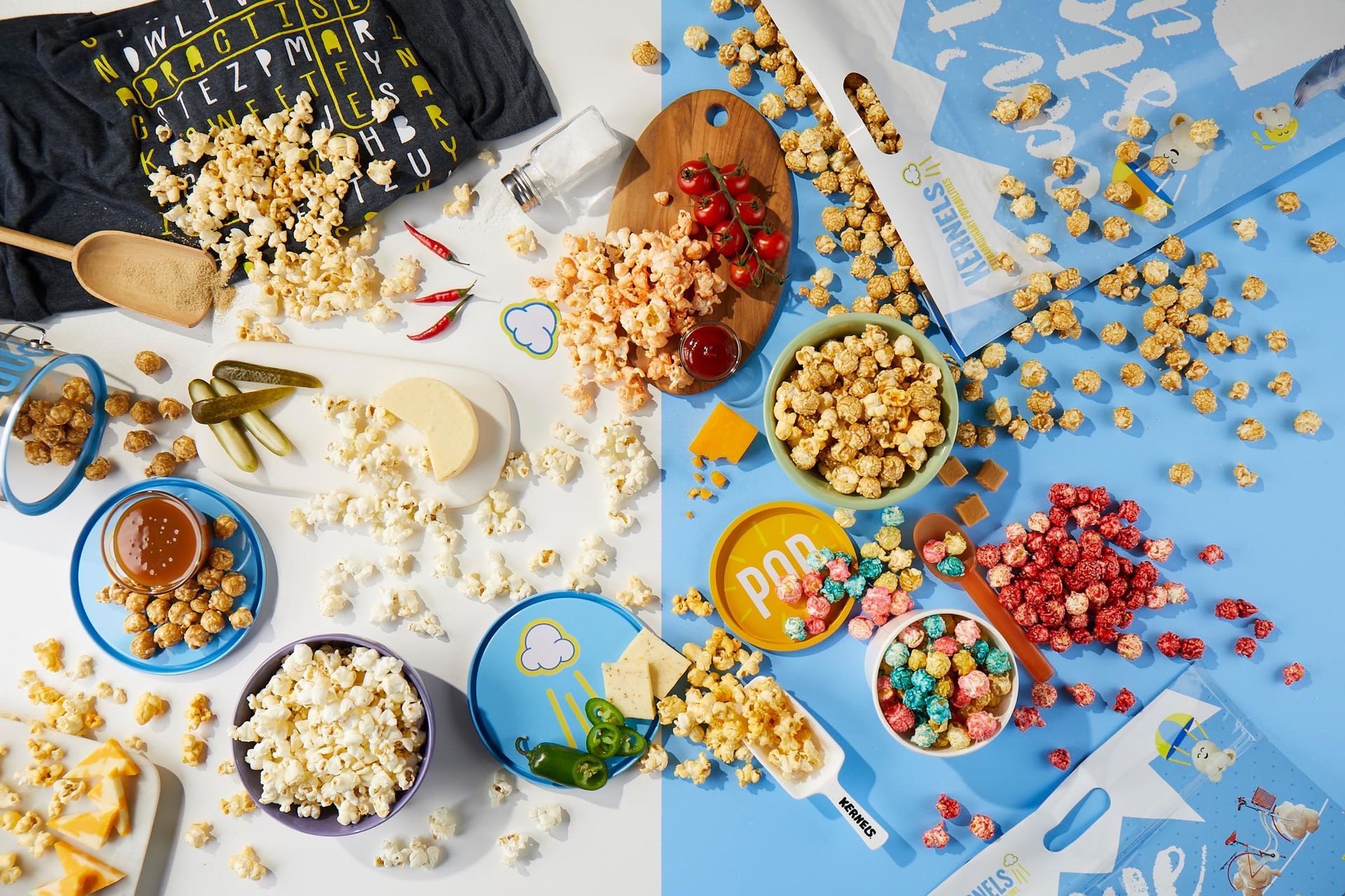 There are many different types of popcorn on the table.