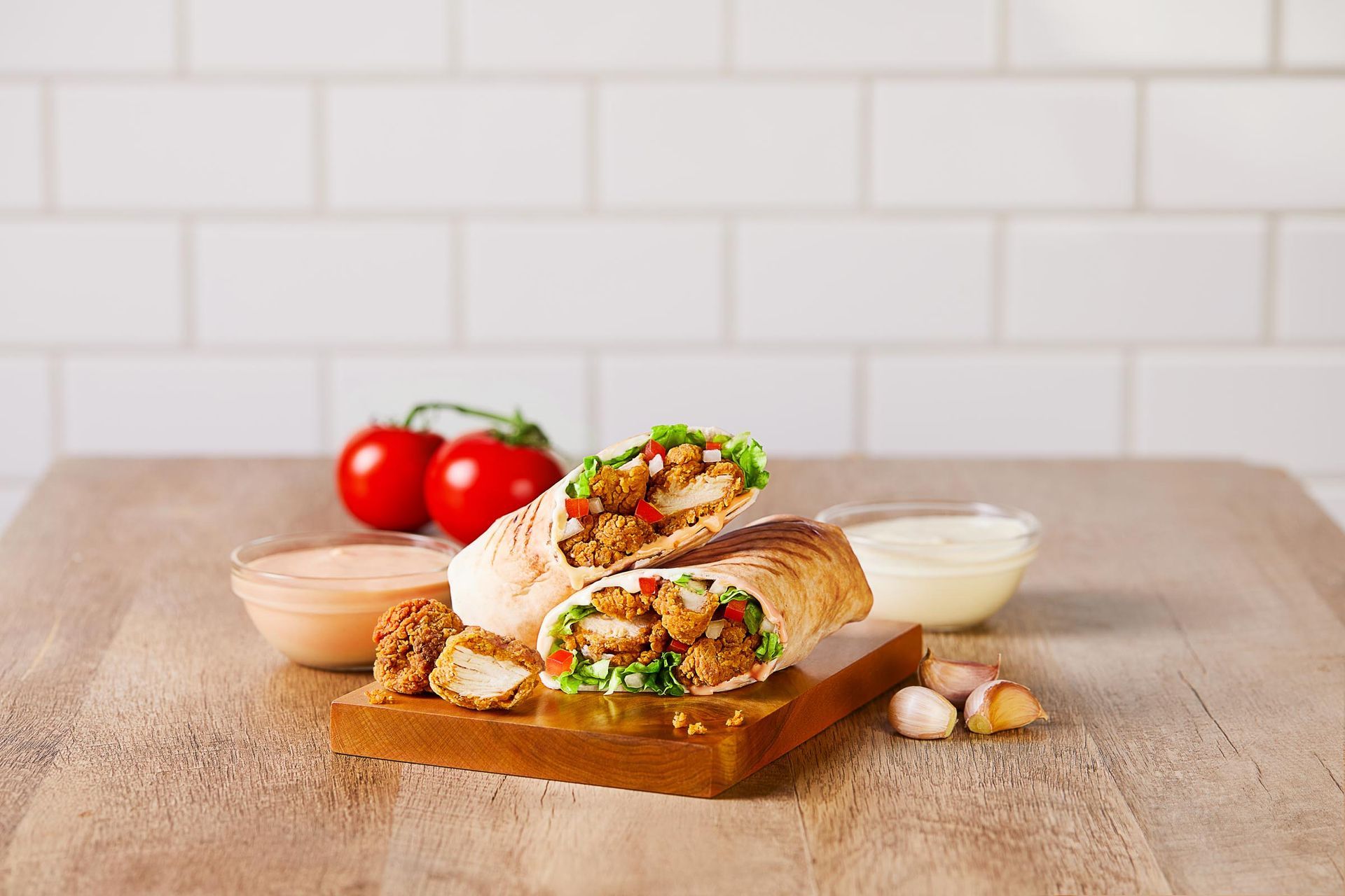 A chicken wrap is sitting on a wooden cutting board on a wooden table.