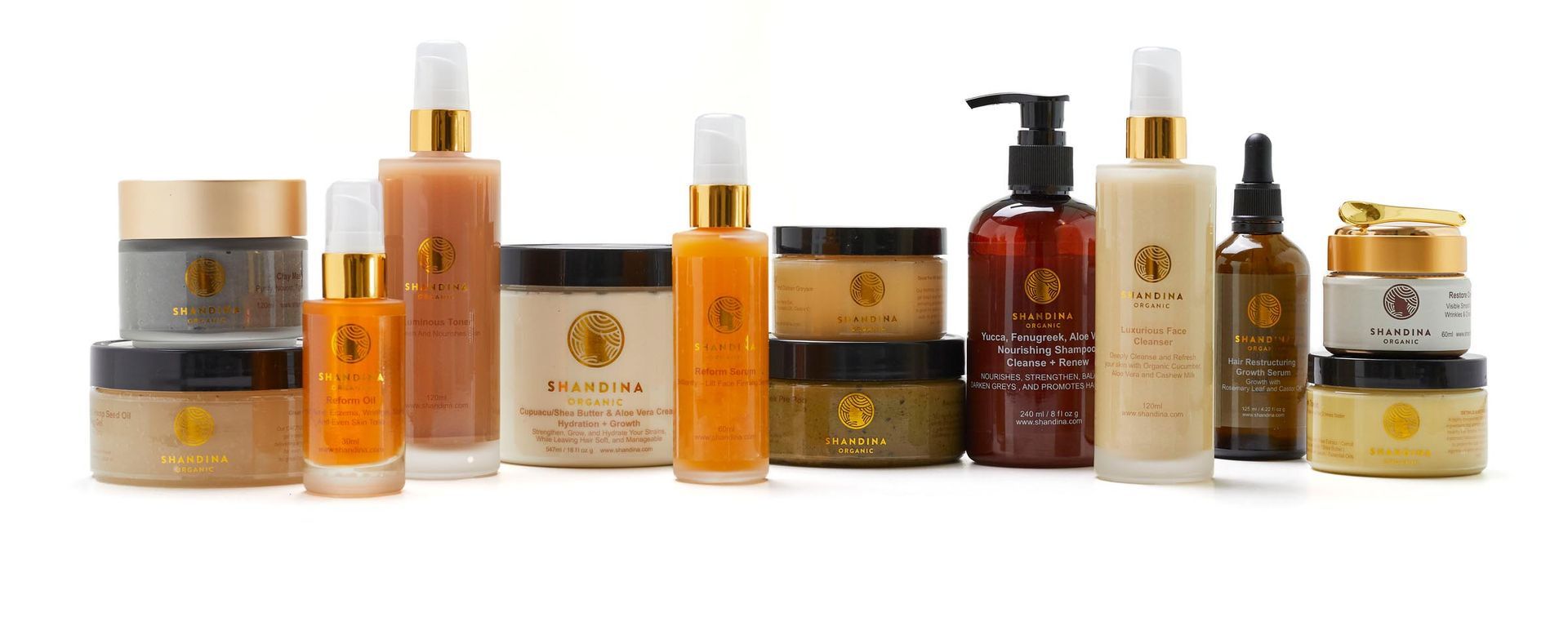 A variety of shandina beauty products are lined up in a row on a white background.