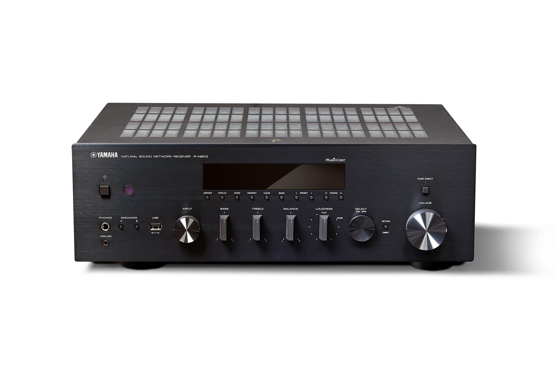 A black yamaha amplifier is sitting on a white surface.