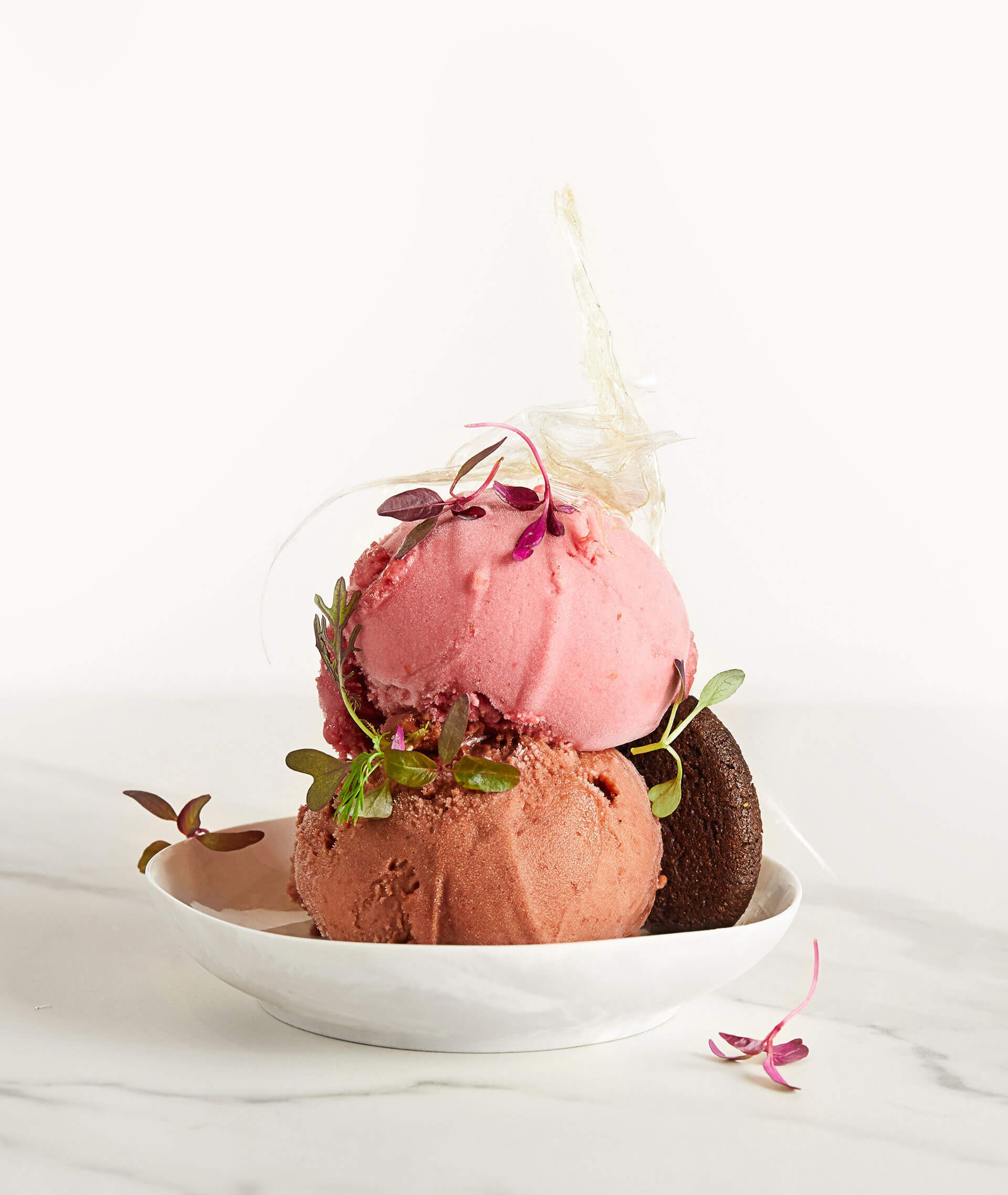 Two scoops of ice cream are stacked on top of each other on a white plate.