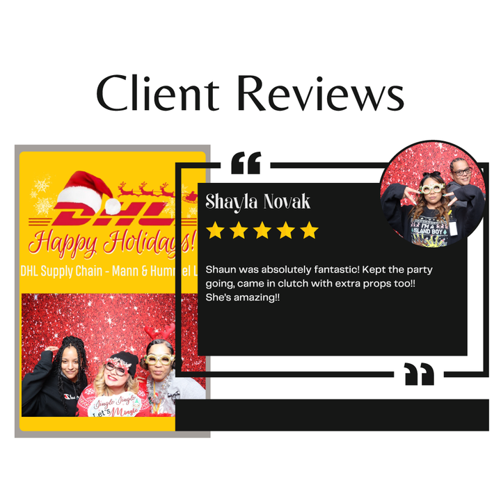 A group of people are standing next to each other in front of a sign that says `` client reviews ''.