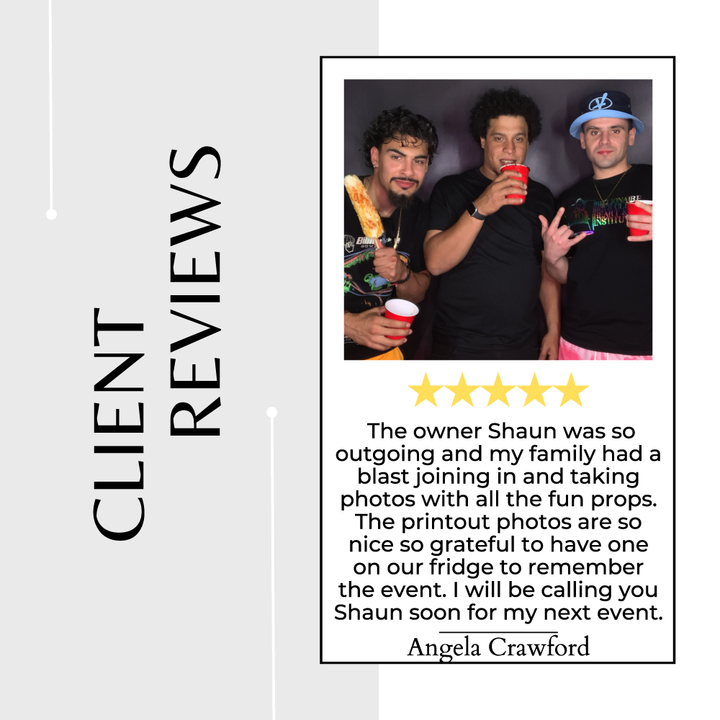 A picture of three men holding red cups and a review from angela crawford