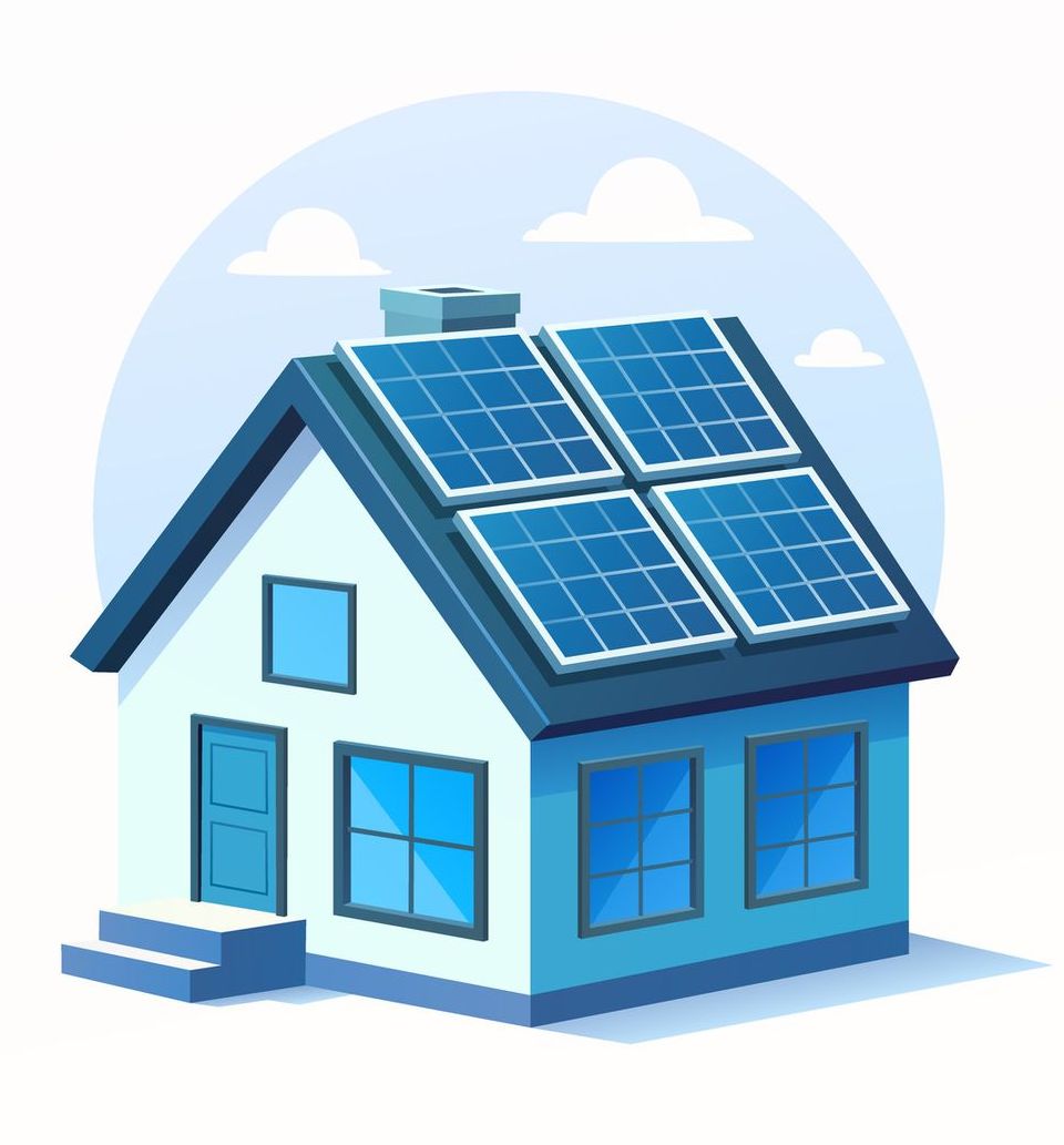 Casa in stile cartone animato con pannelli solari sul tetto, colori blu e bianco, giornata di sole.