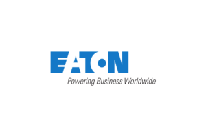 Logo Eaton in testo blu con un cerchio blu che punteggia la