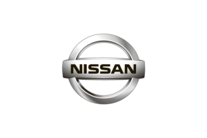 Logo Nissan: emblema argentato con il nome del marchio in grassetto, lettere sans-serif, all'interno di un rettangolo orizzontale racchiuso in un anello.