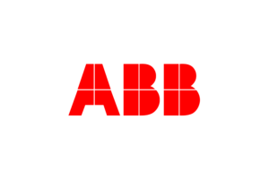 Logo ABB rosso su sfondo bianco. Le lettere sono composte da quadrati rossi.