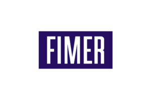 Logo per FIMER, testo bianco su sfondo rettangolare blu scuro.
