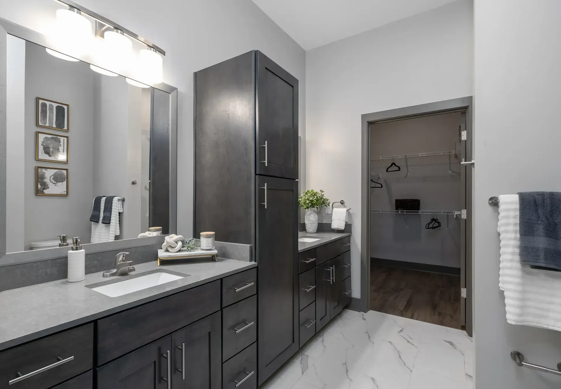Bathroom with dual-sink vanity, dark cabinetry, and a walk-in closet.