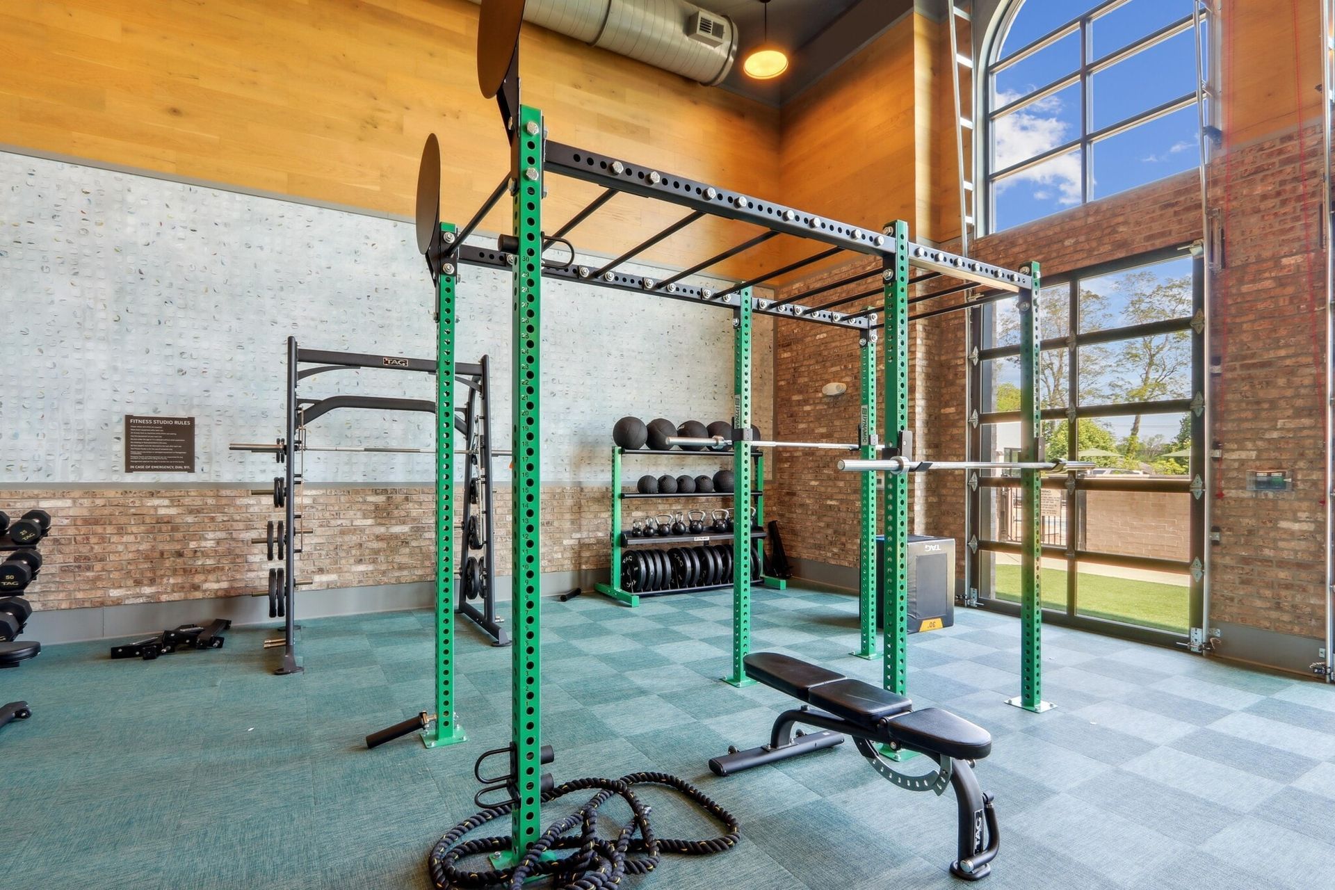 Indoor fitness gym with green squat racks, barbells, dumbbells, and large windows.