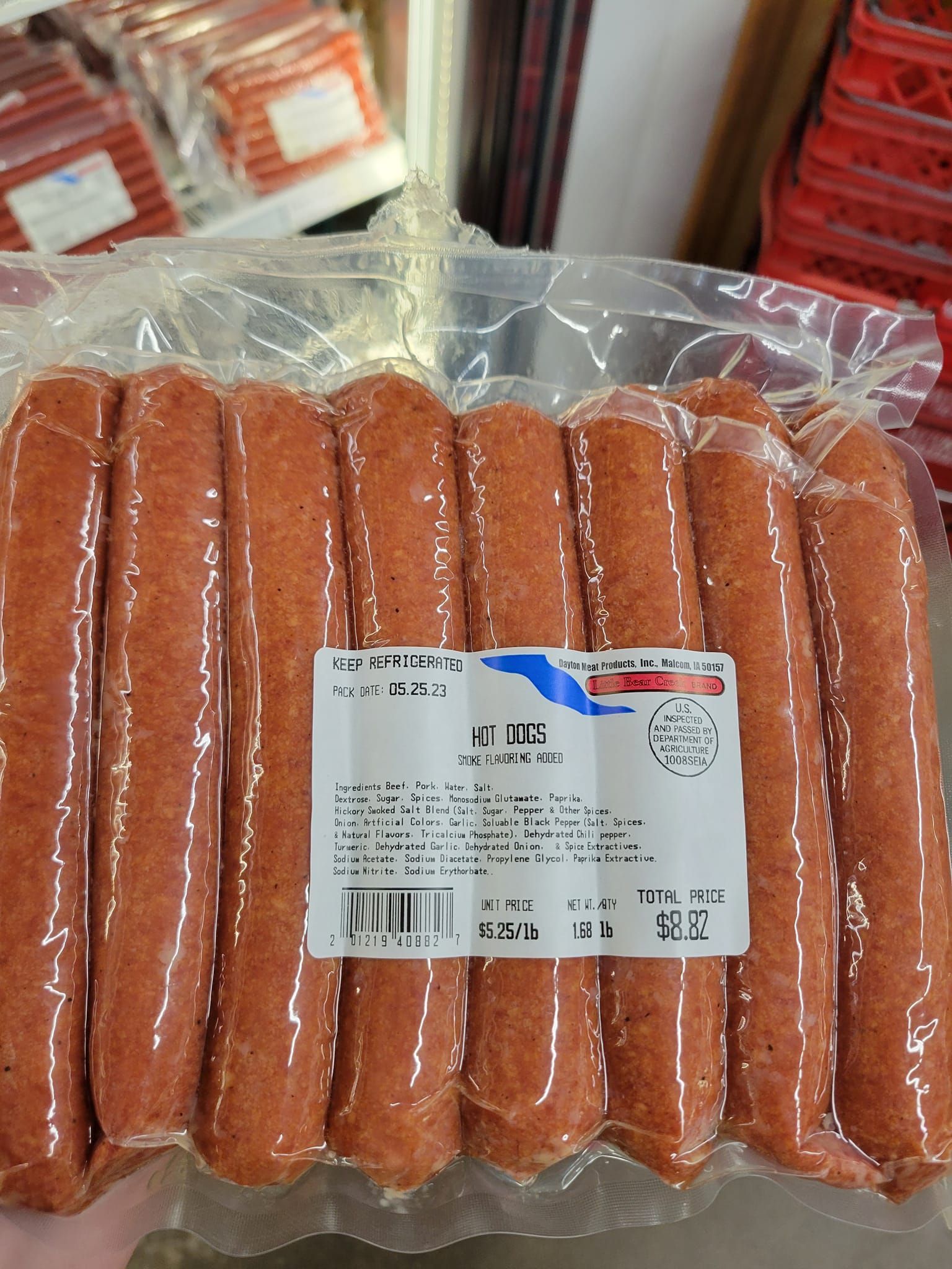 A bag of hot dogs with a label on it