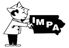 A black and white cartoon of a cat holding a sign that says impa.