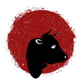 A silhouette of a bull 's head in a red circle
