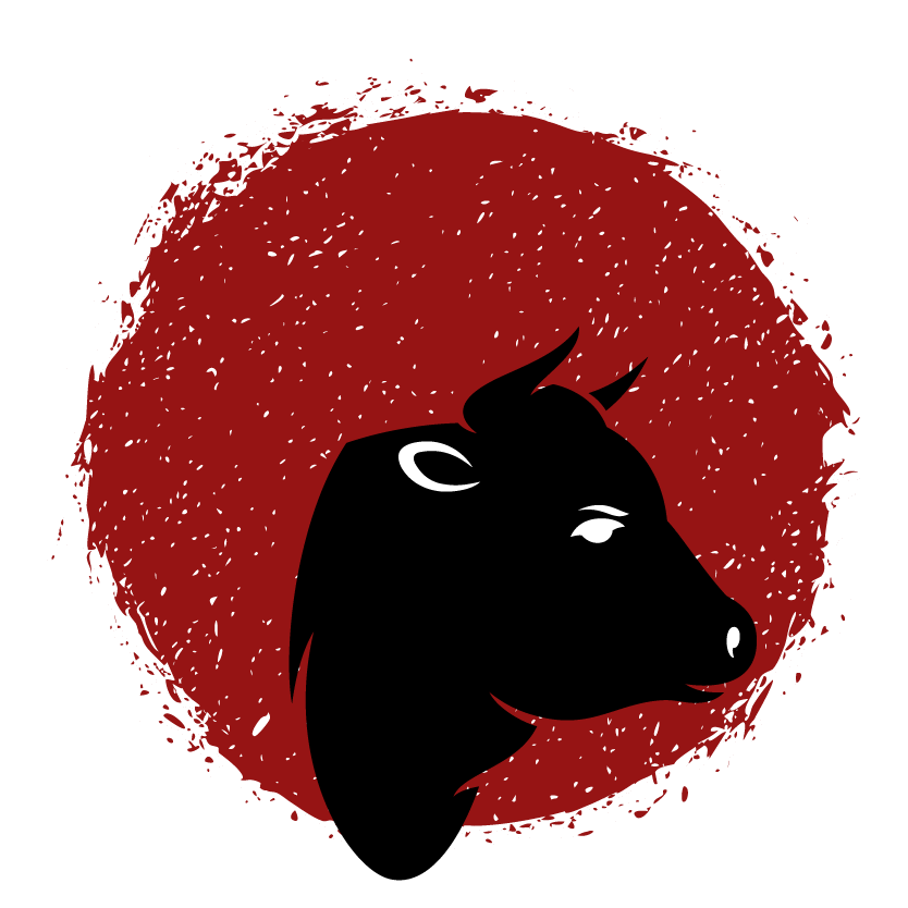 A silhouette of a bull 's head in a red circle
