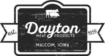 A black and white logo for dayton meat products in malcom iowa