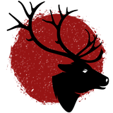 A silhouette of a deer 's head with antlers on a red background