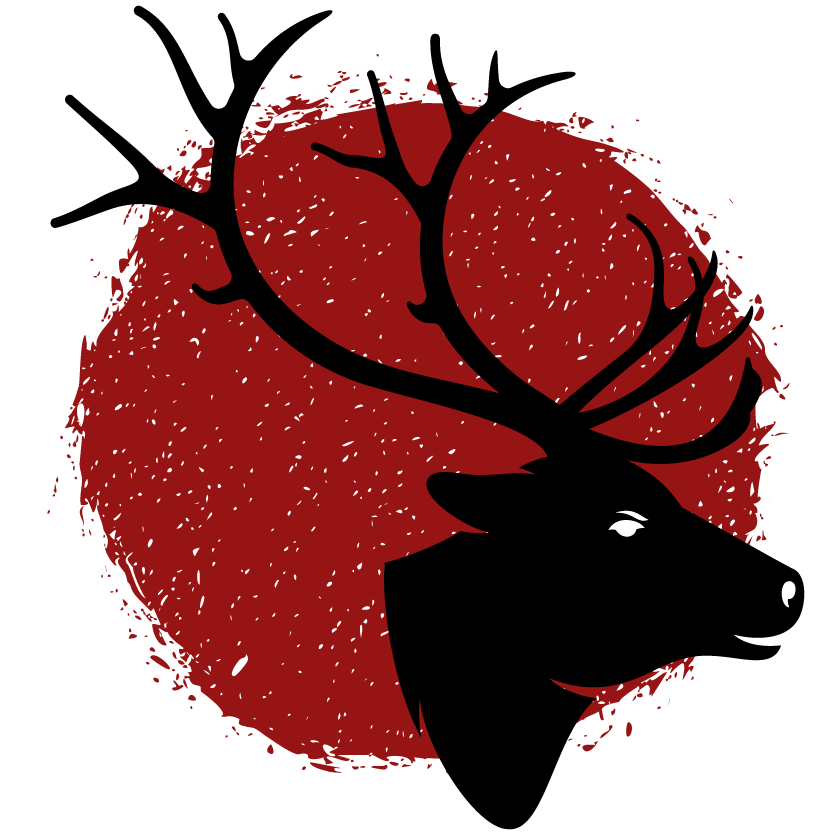 A silhouette of a deer 's head with antlers on a red background