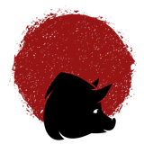 A silhouette of a pig in front of a red circle