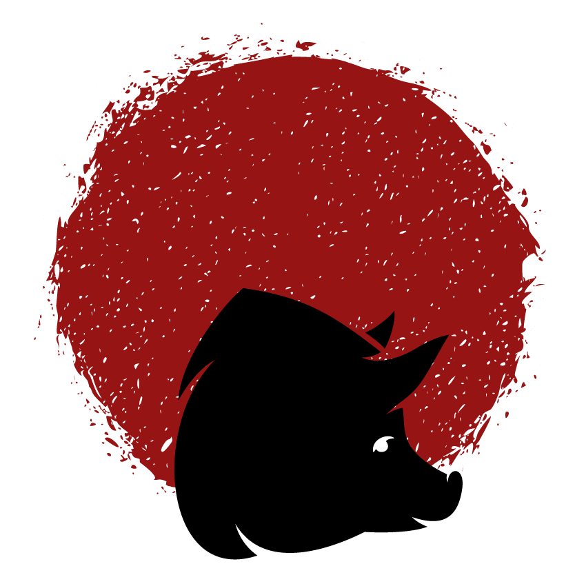 A silhouette of a pig in front of a red circle