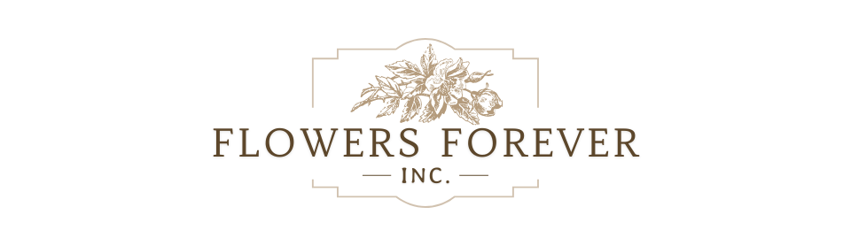 Flowers Forever Inc. logo with floral line art and elegant serif text in gray and gold