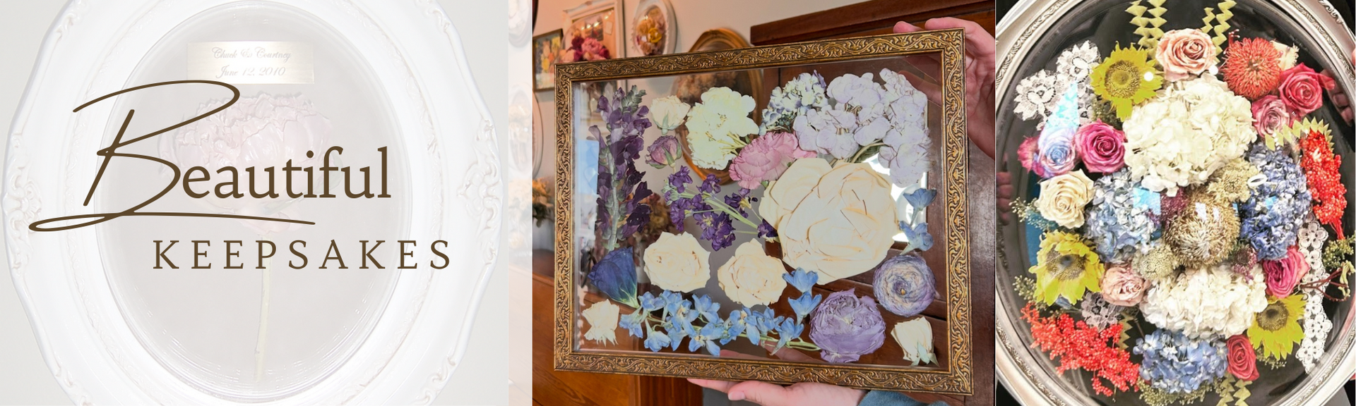 Beautiful Keepsakes logo beside decorative floral keepsake frames on a white background
