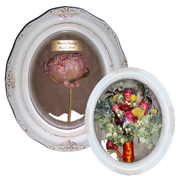Two ornate oval frames holding a pink rose and a colorful flower arrangement on a white background