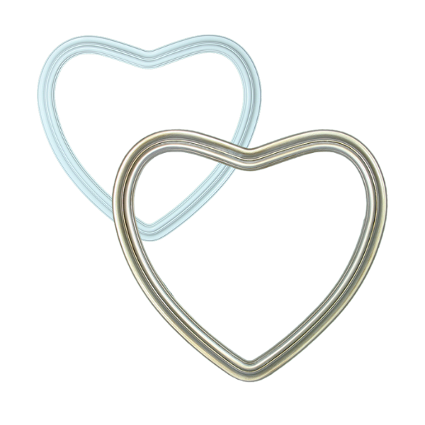 Two overlapping heart outlines, one light blue and one gold, on a white background