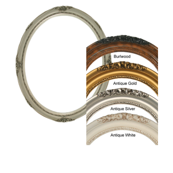 Round ornate frame with wood, gold, silver, and white finish options shown as swatches