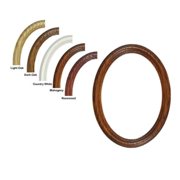 Five decorative oval wall mirrors in light oak, dark oak, country white, mahogany, and rosewood finishes