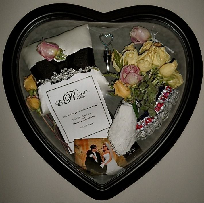 Heart-shaped gift box with roses, a candle, and a wedding card arrangement