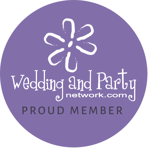 Purple Wedding and Party Network.com “Proud Member” circular logo with white floral icon