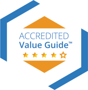 Accredited Value Guide logo: blue text and five stars inside an orange hexagon framed by two blue corner brackets.
