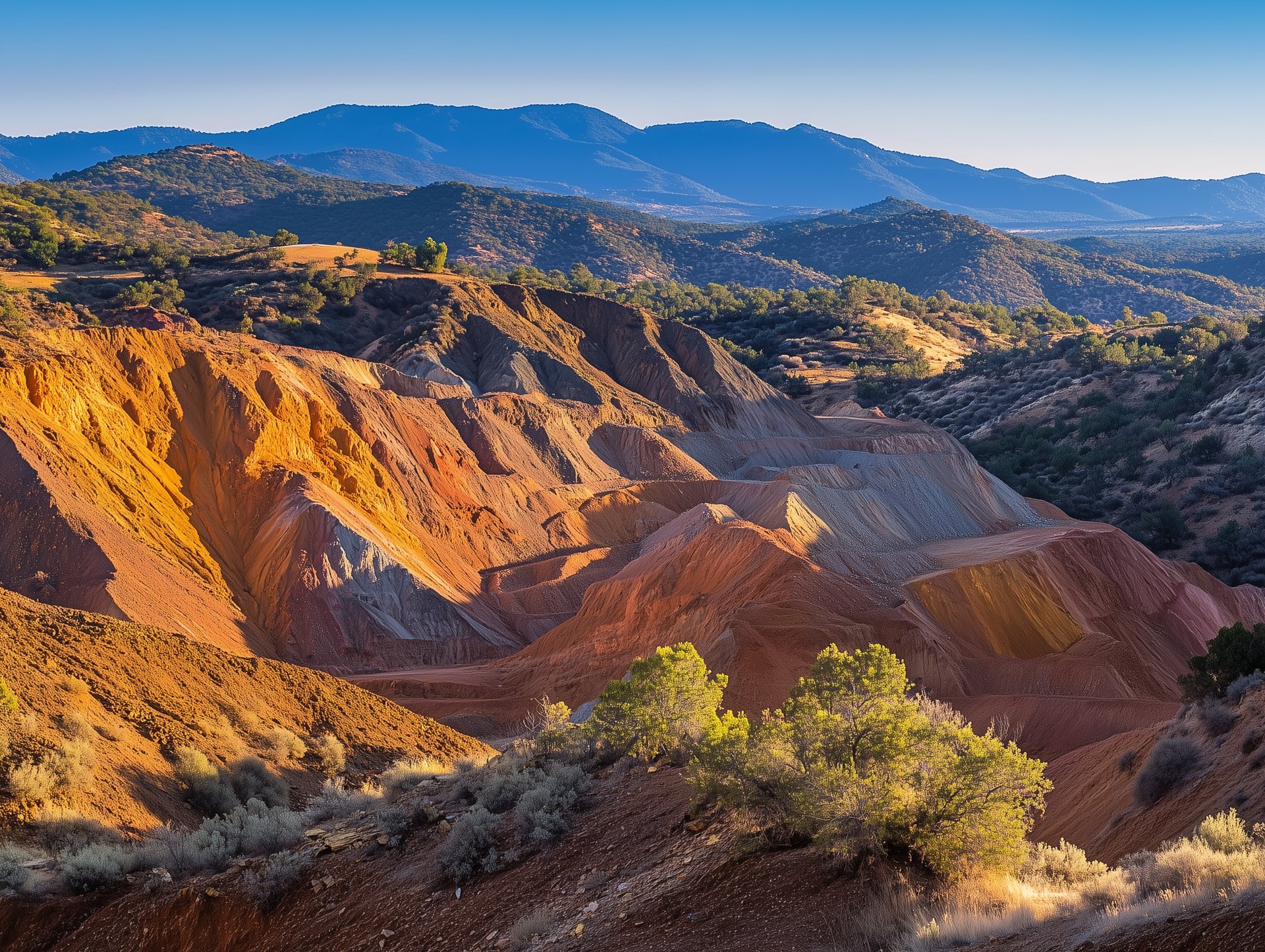 A view of a canyon with mountains in the background.